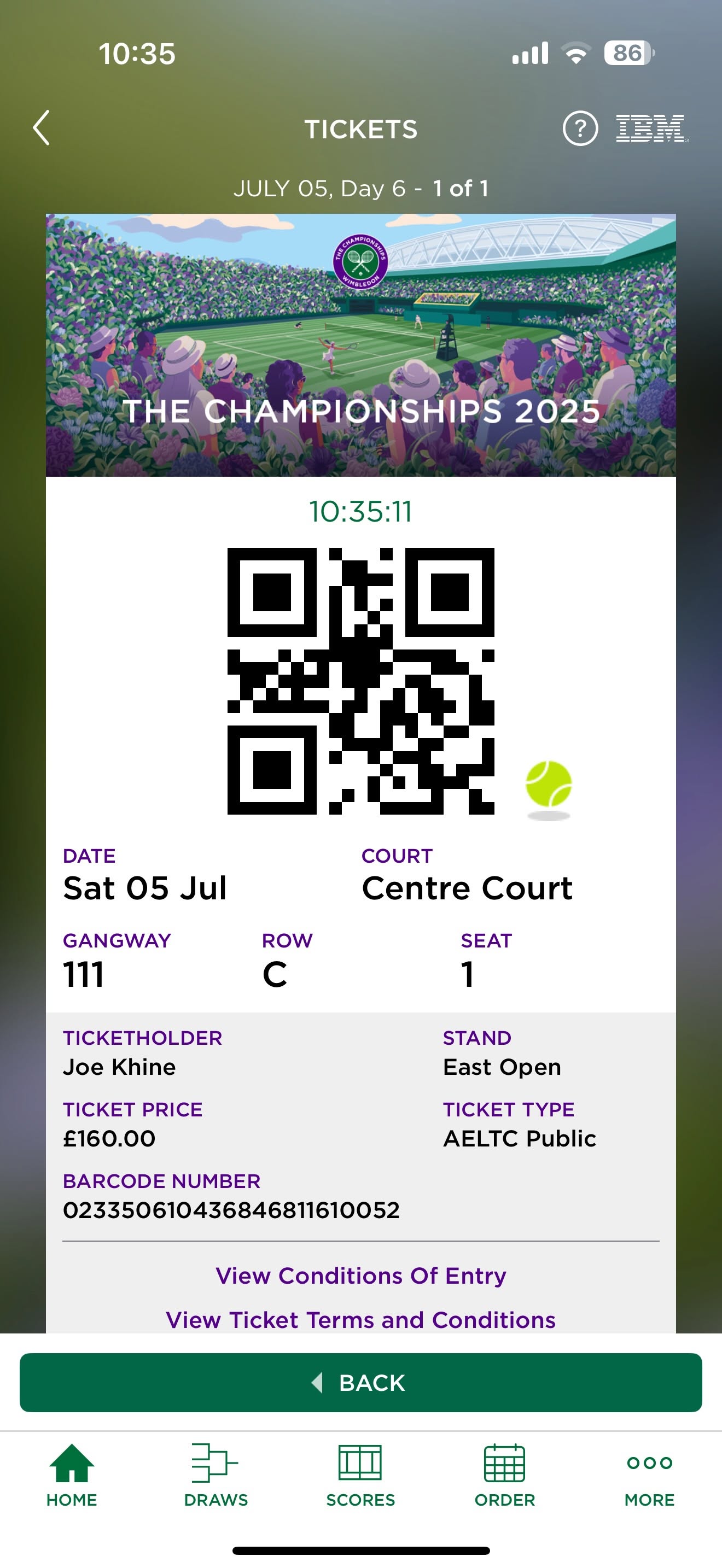 Saturday Wimbledon Ticket